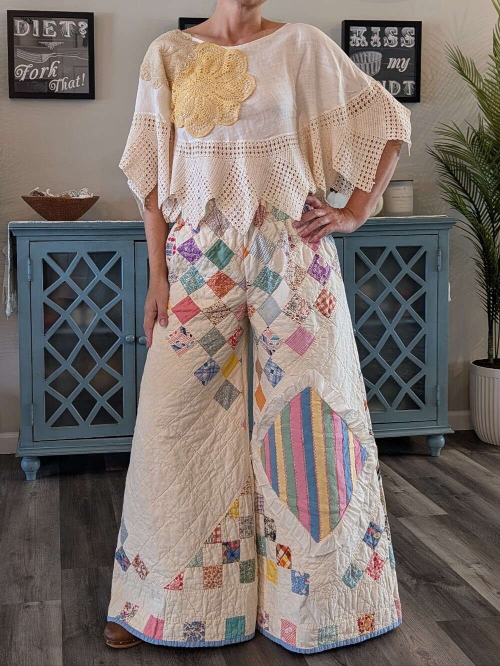 WIDE LEG PANTS made from a VINTAGE QUILT ooak S M